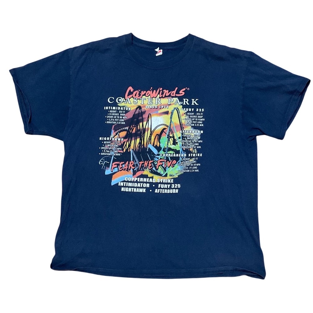 Carowinds Coaster Park Fear The Five T-Shirt Navy Blue Mens L Hanes Souvenir
